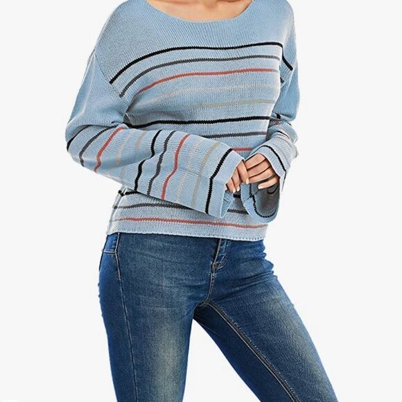 Women's L/S Striped Sweaters Off The Shoulder - Picture 5 of 7